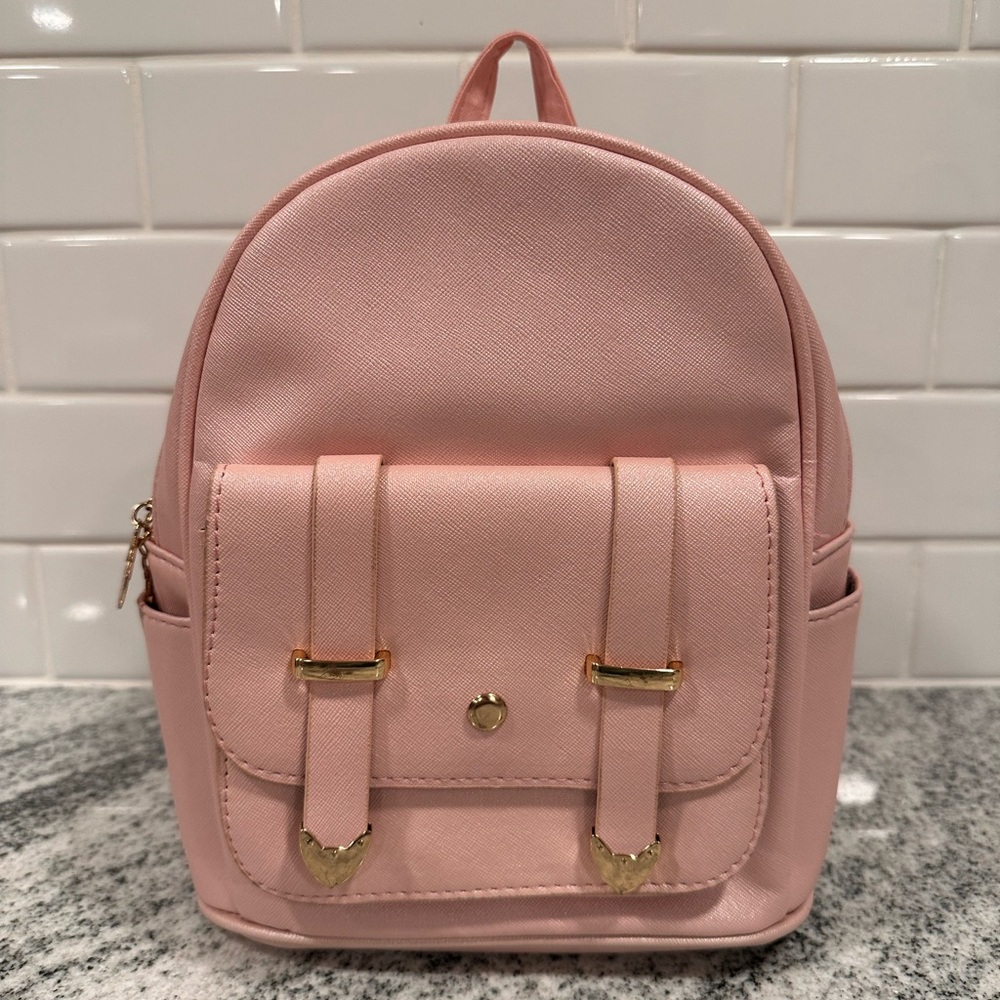Pink Mini Vegan Leather Backpack with Gold Tone Accents